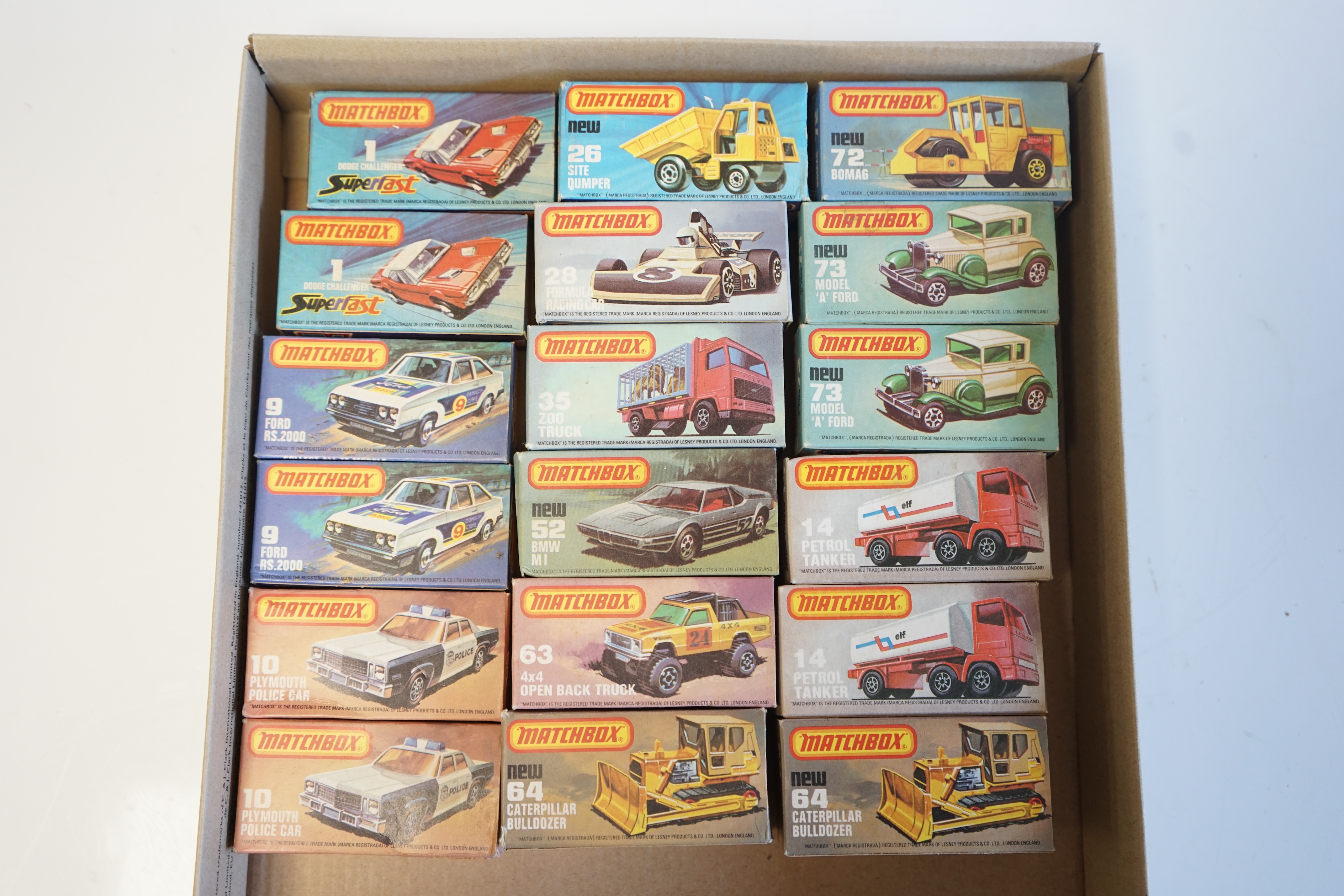 Eighteen boxed Matchbox Series 1-75 diecast vehicles including; 1; Dodge Challenger and another, 9; Ford RS 2000 and another, 10; Plymouth Police Car and another, 14; Petrol Tanker and another, 26; Site Dumper, 28; Formu